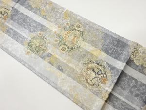 縞に花唐草・花鳥模様織出し袋帯